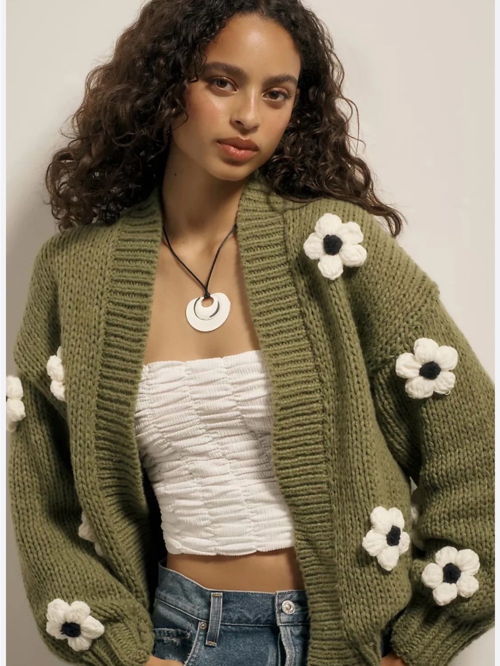 🥝🥗🌳🍵Maeve Sage Green Crocheted Flower Cardigan - Picture 6 of 9